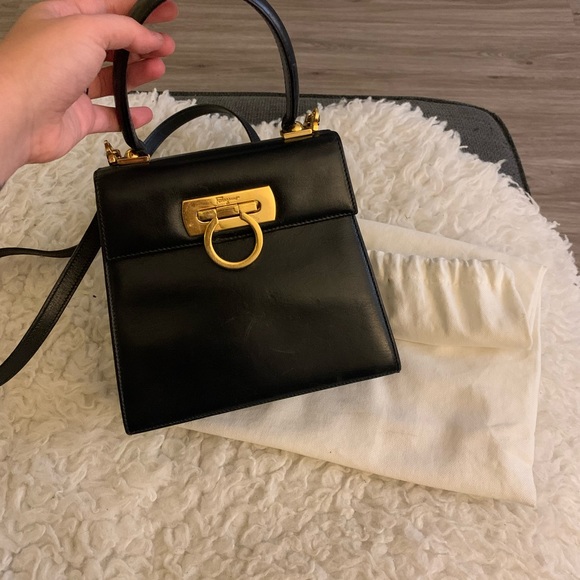 SOLD!! Authentic Salvatore Ferragamo Vintage Kelly Top Handle Black Leather Tote - Picture 10 of 15